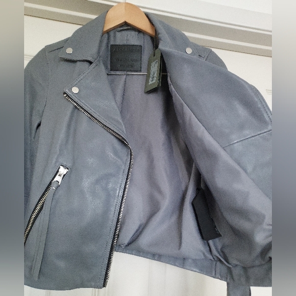 NWT Allsaints Dalby Biker leather jacket, grey steel, US 4 - Picture 4 of 7